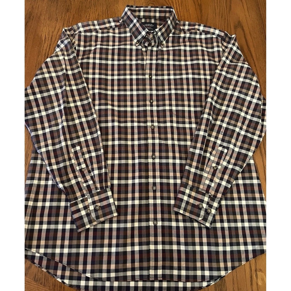 Charles Tyrwhitt Shirt Mens XL Brown Plaid Preppy Non Iron Classic Fit FLAW